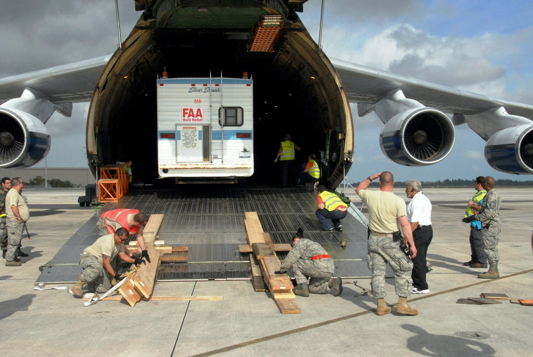 Open loading ramp of an Antonov An-124 cargo aircraft.